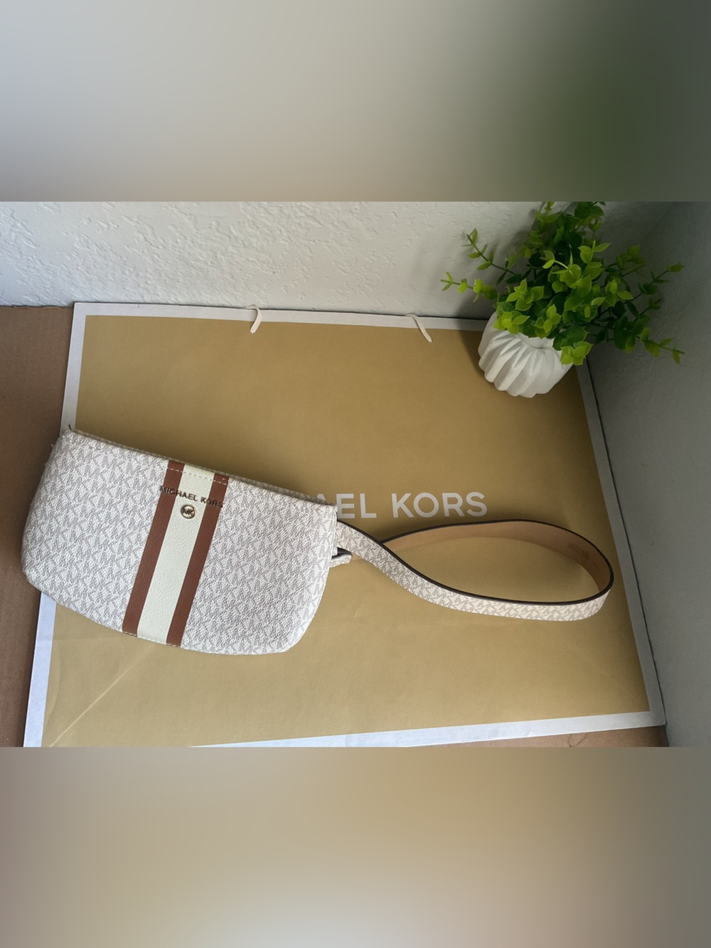 Michael Kors Cream and Brown Signature Stripe Crossbody